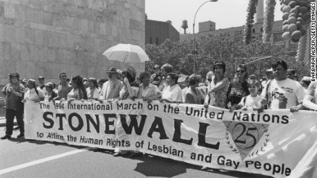 Marchers commemorate the 25th anniversary of the Stonewall Riots in New York on June 26,1994.