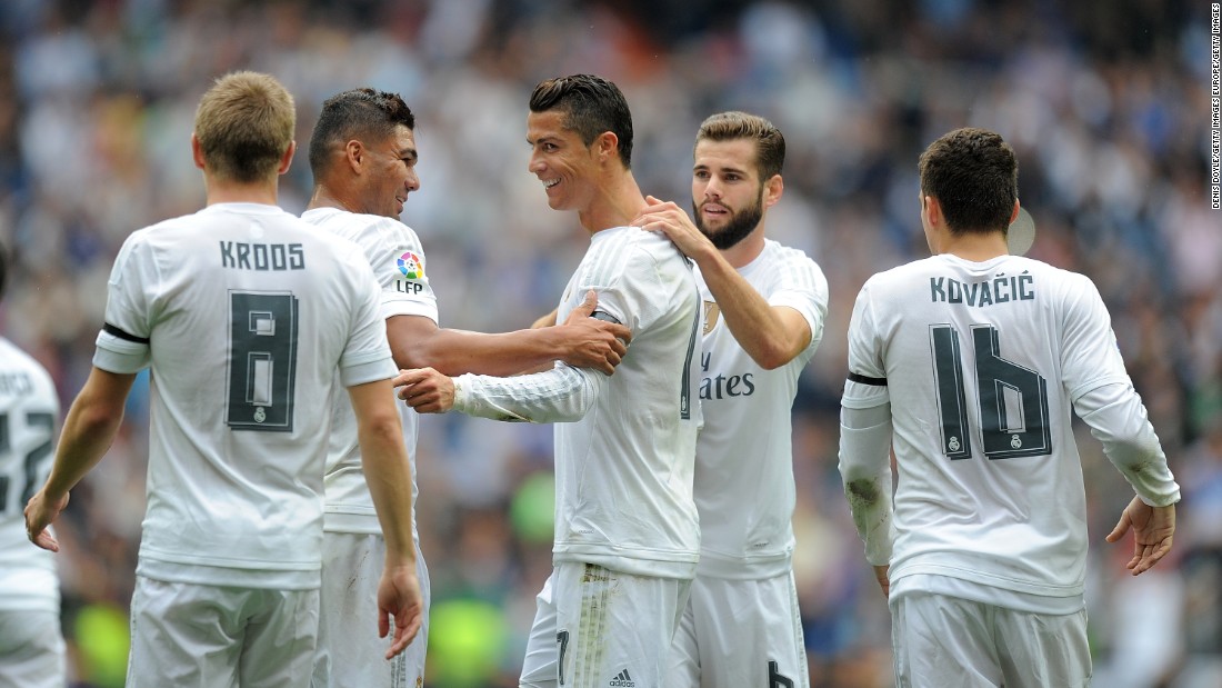 &lt;strong&gt;October 17, 2015:&lt;/strong&gt; Ronaldo celebrates with teammates after scoring against Levante to become Real Madrid&#39;s leading all-time goalscorer. As of October 17, 2015, the Portuguese striker had scored 324 goals in 309 games for the Spanish giants.