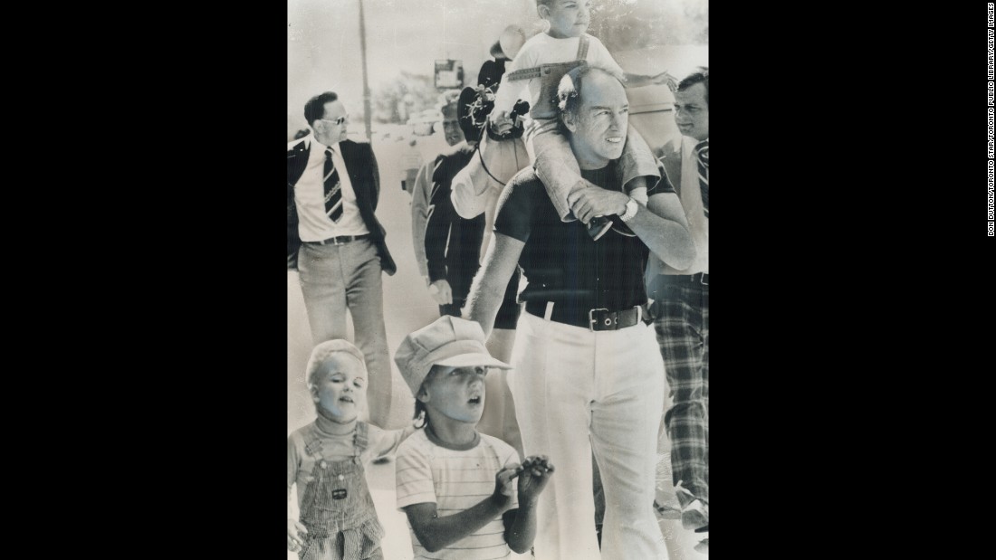 Prime Minister Pierre Trudeau takes  an outing in Winnipeg, Manitoba, while on vacation in 1977 with his sons, from left, Sacha, Justin and Michel. The elder Trudeau was Canada&#39;s Prime Minister from 1968 to 1979 and again from 1980 to 1984.