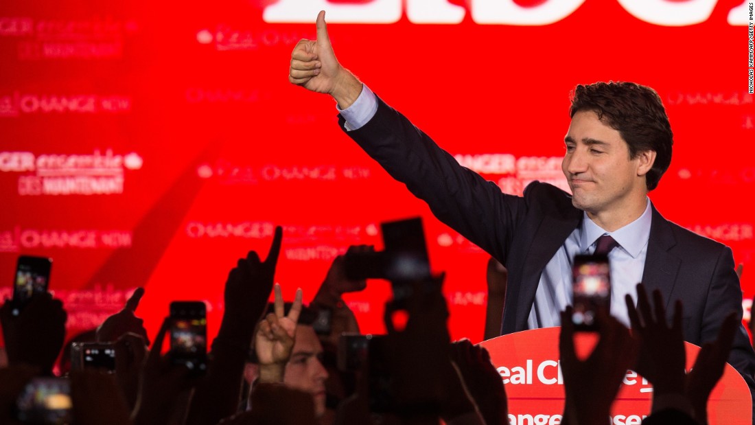 Trudeau commands the stage in Montreal on after the Liberal Party won the general election in 2015. As the crowd chanted his name, Trudeau said the Liberals won because they listened. &quot;We beat fear with hope, we beat cynicism with hard work. We beat negative, divisive politics with a positive vision that brings Canadians together,&quot; he said.