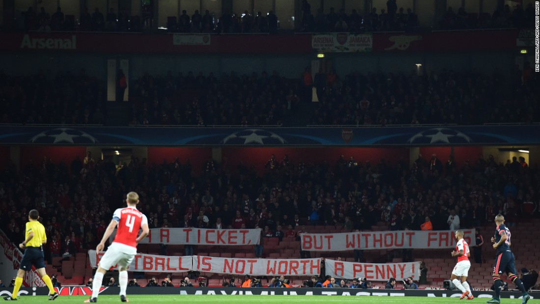 Fans of German champions Bayern Munich protested at being charged £64 to watch its team play Arsenal in the European Champions League in October. They held up a banner that read: &quot;£64 a ticket. But without fans football is not worth a penny.&quot;