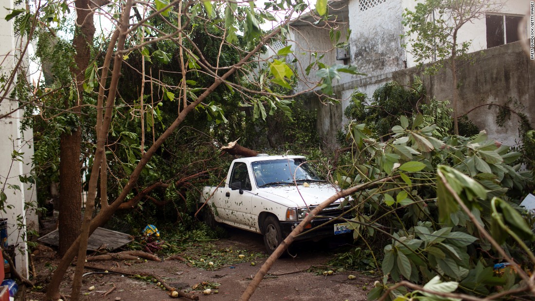 A truck sits covered in tree branches on October 24 in Cuastecomates, Mexico. 