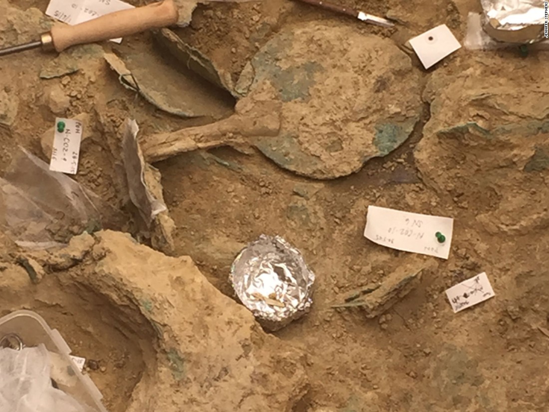 A bronze mirror with an ivory handle. Greece&#39;s general secretary of the Ministry of Culture Maria Vlazaki said it was &quot;extremely rare for an unlooted tomb of such great significance to be unearthed.&quot; 