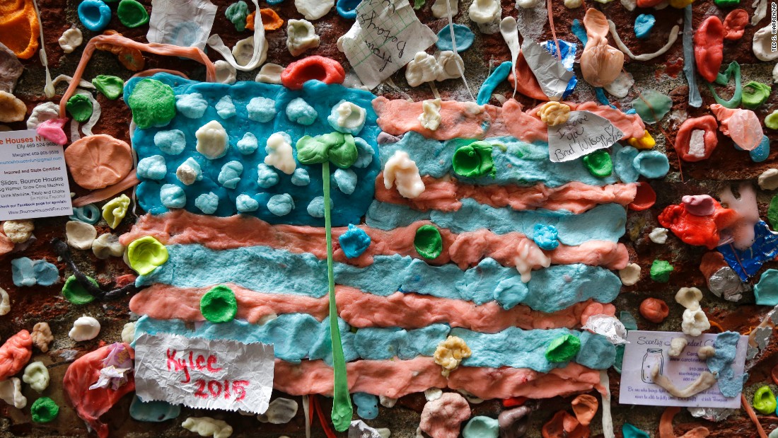 A United States flag made from pieces of gum is one decoration that will come off the wall.