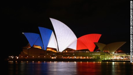 The Sydney Opera House is illuminated in the colors of the French flag on November 14, 2015 in Sydney, Australia.