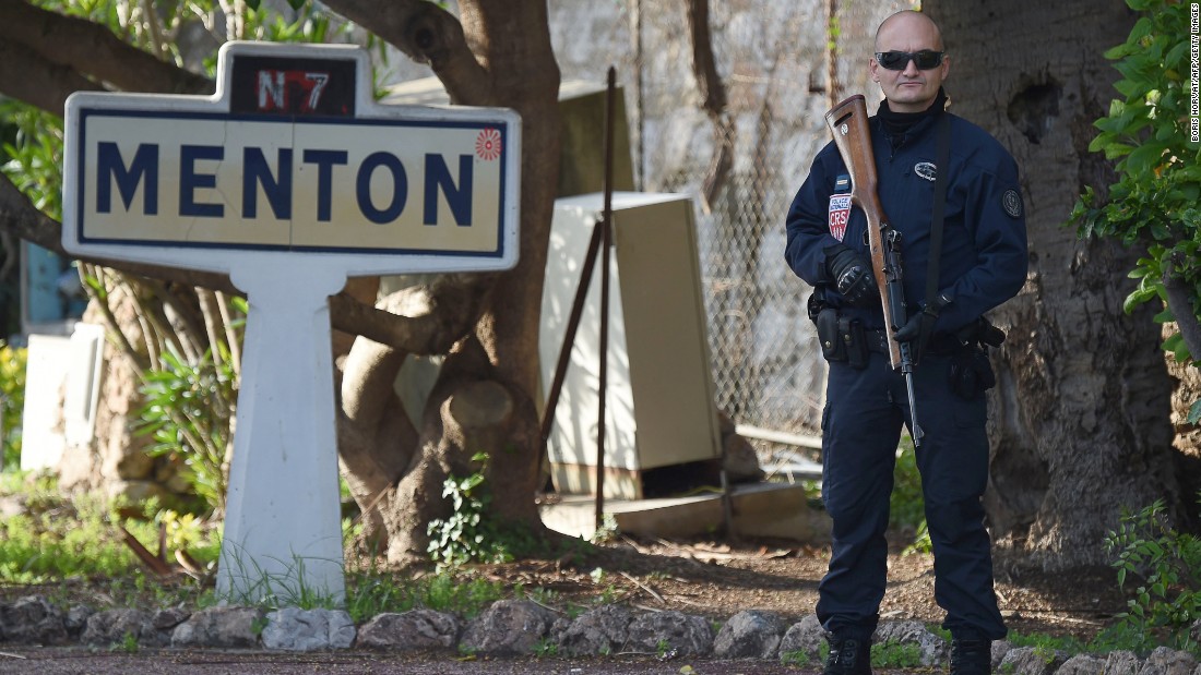 A French police officer guards the French-Italian border on November 14 in Menton, France.   