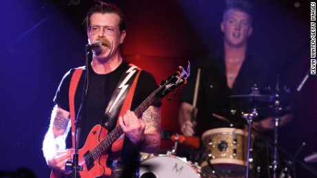 Musicians Jesse Hughes and Josh Homme of the band Eagles of Death Metal who performed in the Bataclan theatre last night.