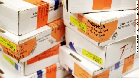 Rape evidence kits are stacked in storage at the Cleveland Police Department.