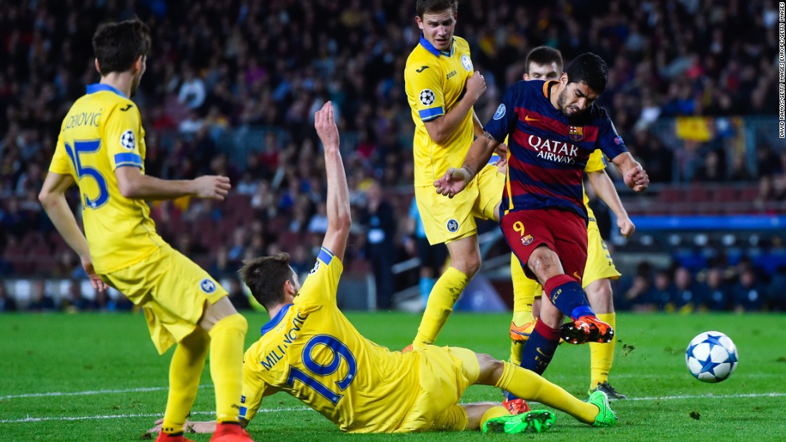 &lt;strong&gt;November 4, 2015:&lt;/strong&gt; Luis Suarez slots home the second goal in a 3-0 win over BATE Borisov in the Champions League.