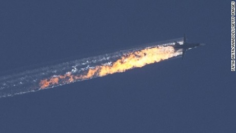 Russian warplane goes down in Syria&#39;s northwestern town of Bayirbucak, near the Turkish border, on November 24, 2015.