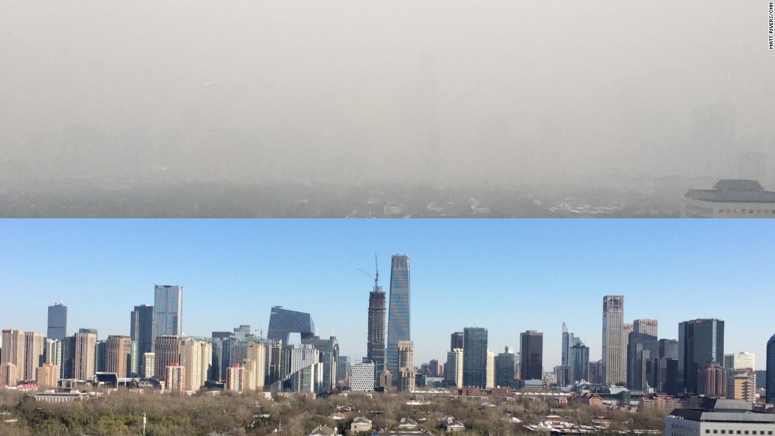 The top photo taken from CNN&#39;s Beijing Bureau, shows the city shrouded in smog on November 27, 2015, and the same view on a blue sky day just the day before.