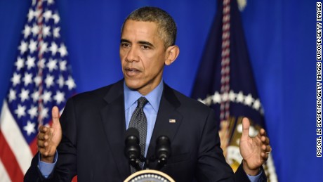 PARIS, FRANCE - DECEMBER 01:  President of the United States of America, Barack Obama makes a speech during The Barack Obama&#39;s Press Conference on December 1, 2015 in Paris, France.  (Photo by Pascal Le Segretain/Getty Images)