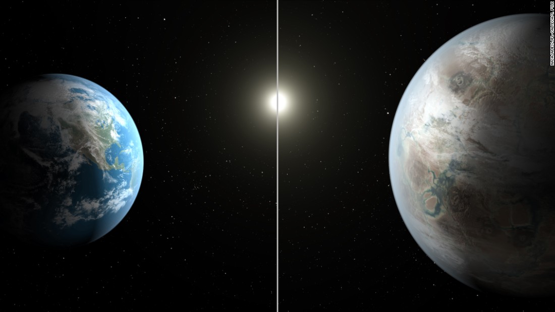 This artistic concept image compares Earth, left, with Kepler-452b, which is about 60% larger. Both planets orbit a G2-type star of about the same temperature; however, the star hosting Kepler-452b is 6 billion years old -- 1.5 billion years older than our sun.