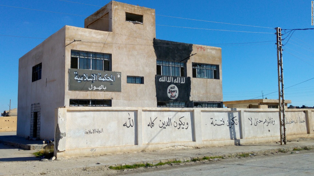 ISIS&#39; courthouse in Al-Houl, previously a school. The building also housed offices for an ISIS charity, with empty boxes marked &quot;shoes&quot; sent from an Islamic charity in Durban, South Africa.