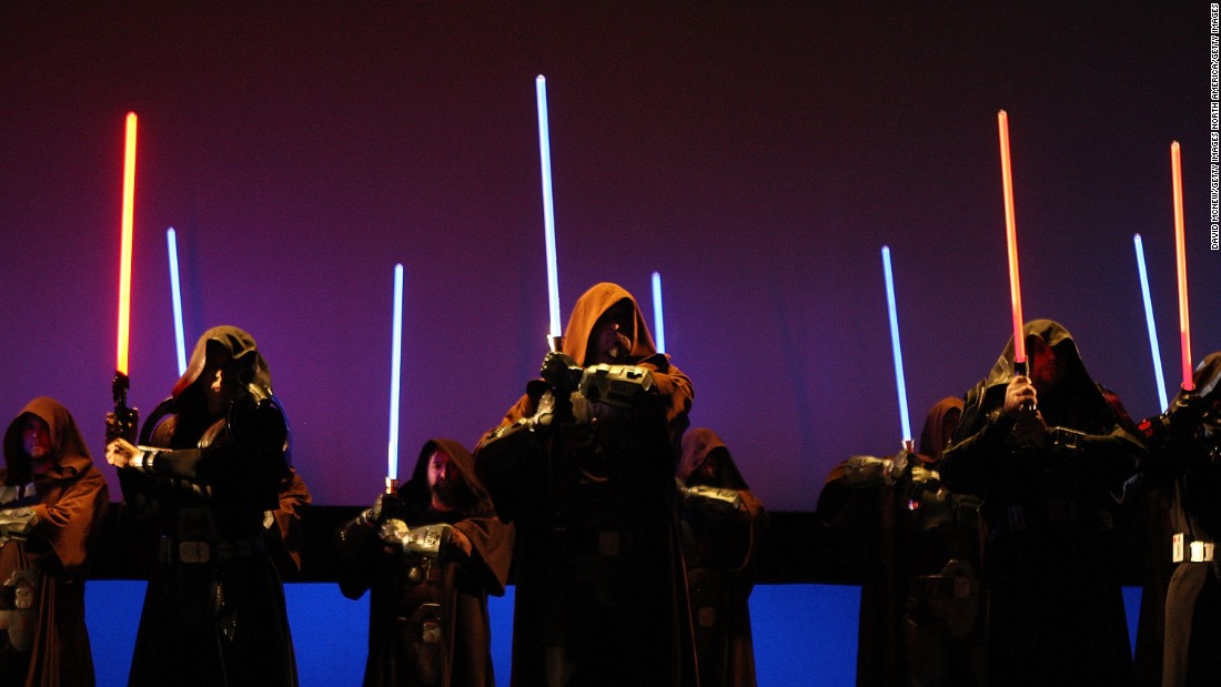 Characters wielding lightsabers take to the stage to promote Star Wars The Old Republic at the Entertainment Software Association (ESA) press conference leading up to opening day of the 2009 E3 Expo on June 1, 2009 in Los Angeles, California. 