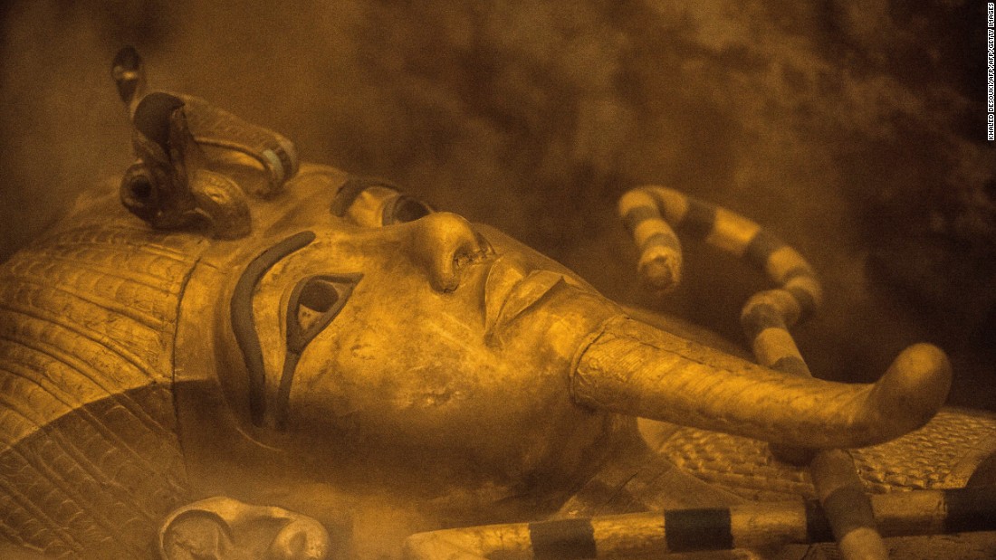 The sarcophagus of King Tutankhamun displayed in his burial chamber in in the Valley of the Kings.