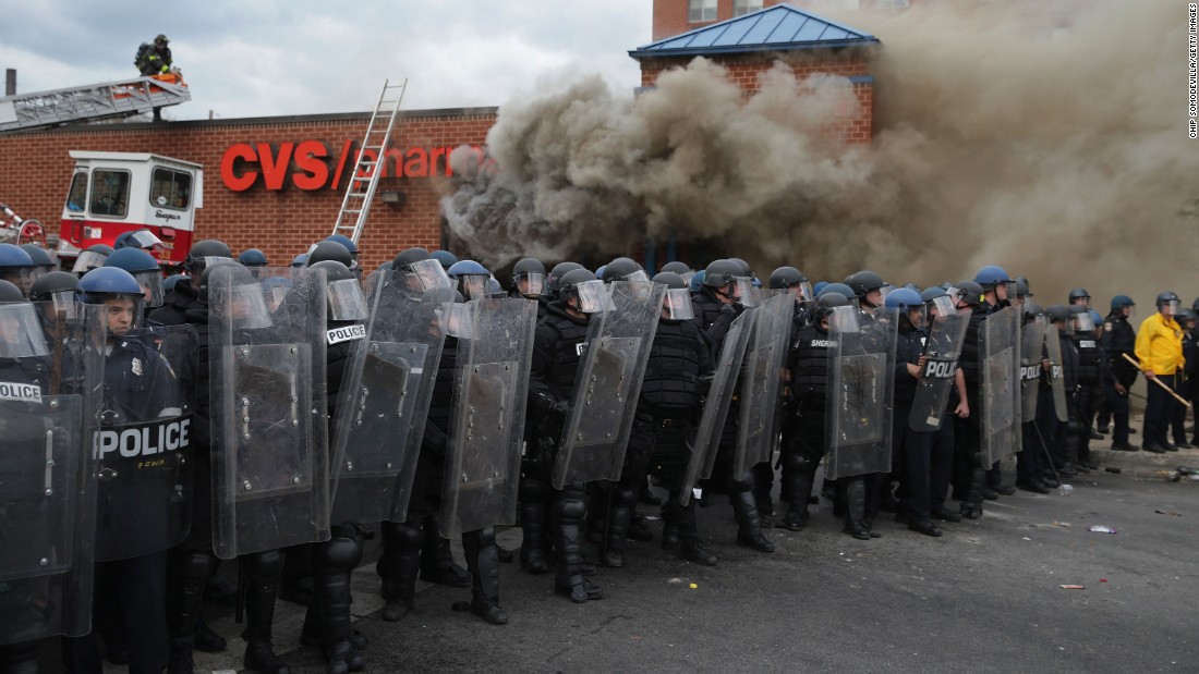 The death of Freddie Gray in Baltimore led to frustrations that splintered into violence; a CVS Pharmacy was looted and burned during protests after his funeral. 
