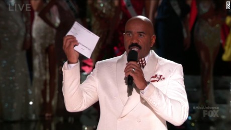 Steve Harvey holds up the card with the name of the 2015 Miss Universe winner.