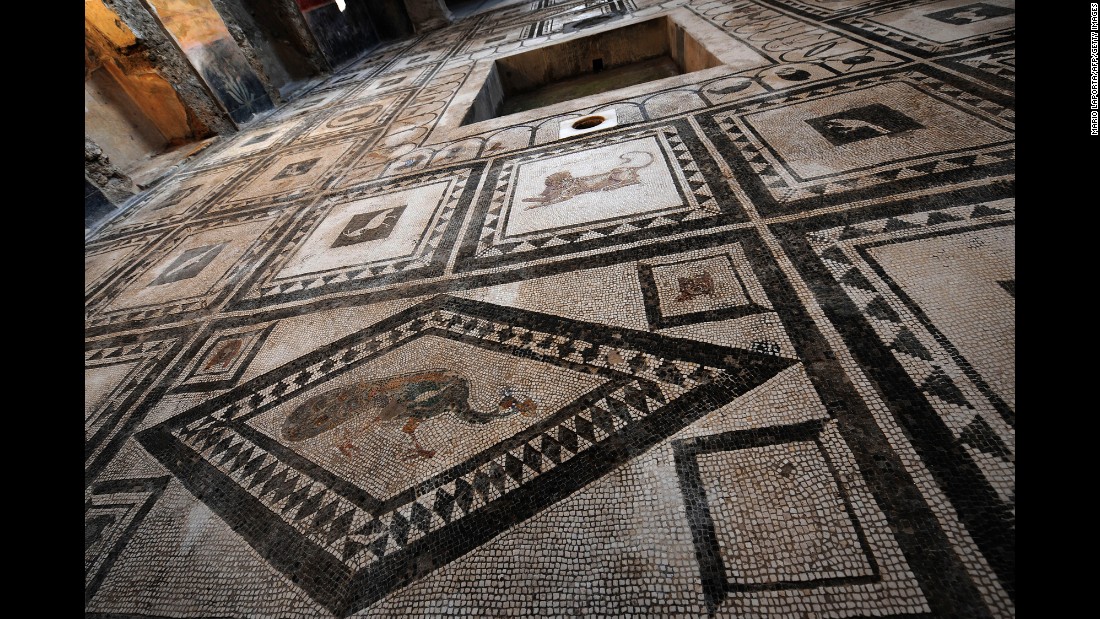 A floor covered with mosaics is seen inside the Pacuius Proculus Domus.