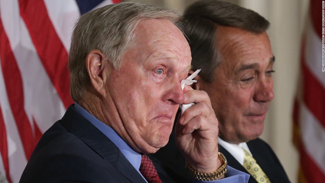 Jack Nicklaus wipes away tears after listening to the laudatory remarks of his son Jack Jr. before receiving the Congressional Gold Medal in 2015.   