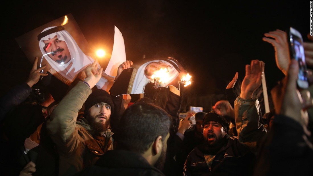 Iranian protesters gather outside the Saudi Embassy in Tehranon January 2. Saudi Arabia said it executed &quot;terrorists&quot; and told Iran to stay out of its internal affairs.