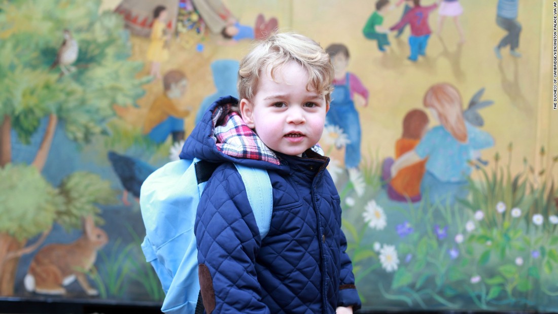 The prince poses for a picture taken by his mother on his first day of nursery school in January 2016.
