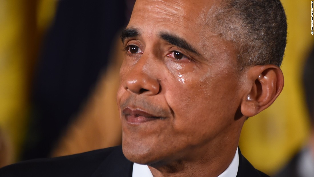 Obama cries in January 2016 as he delivers a statement on his executive action to reduce gun violence.