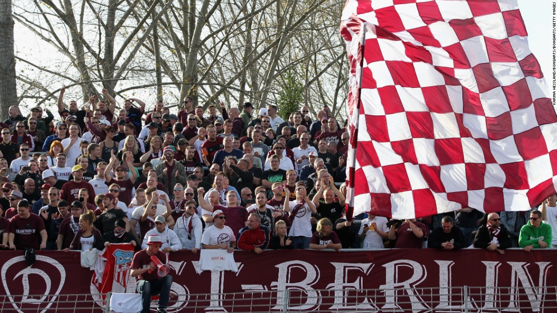 Fans of the modern-day BFC Dynamo fly a huge flag at  a Regionalliga Nordost match against FSV Zwickau in 2014.