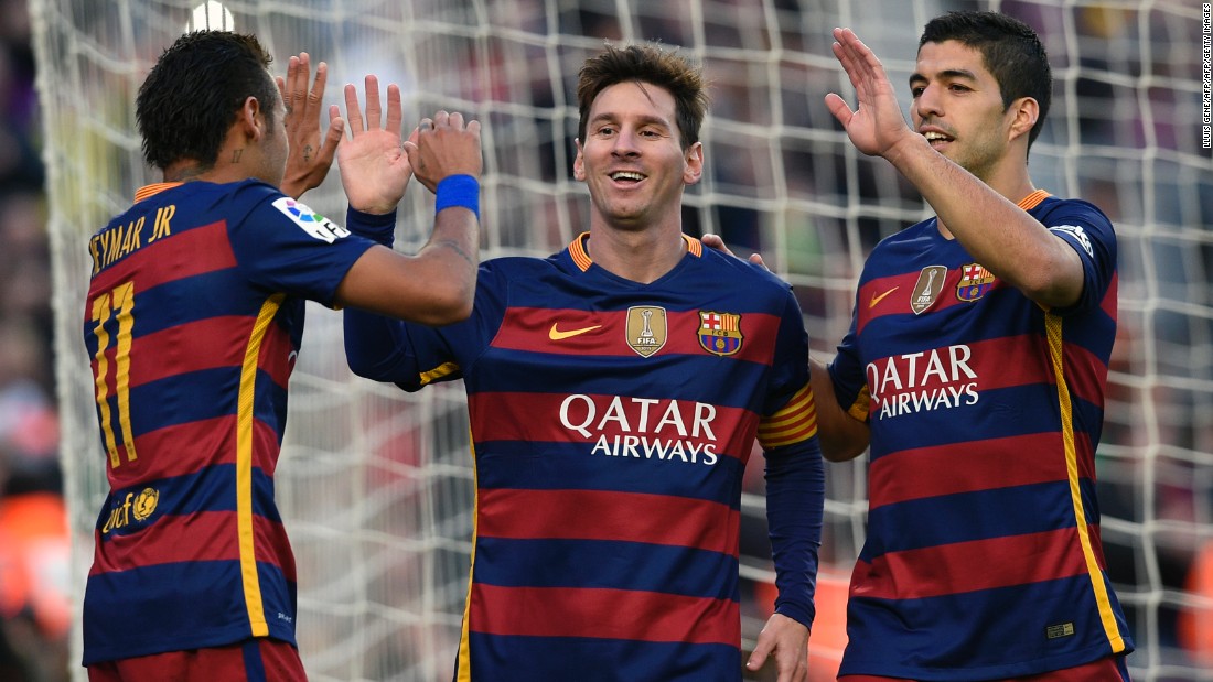 The potent striking trinity of Messi (C) Neymar (L) and Suarez celebrate after closing out the game in style.