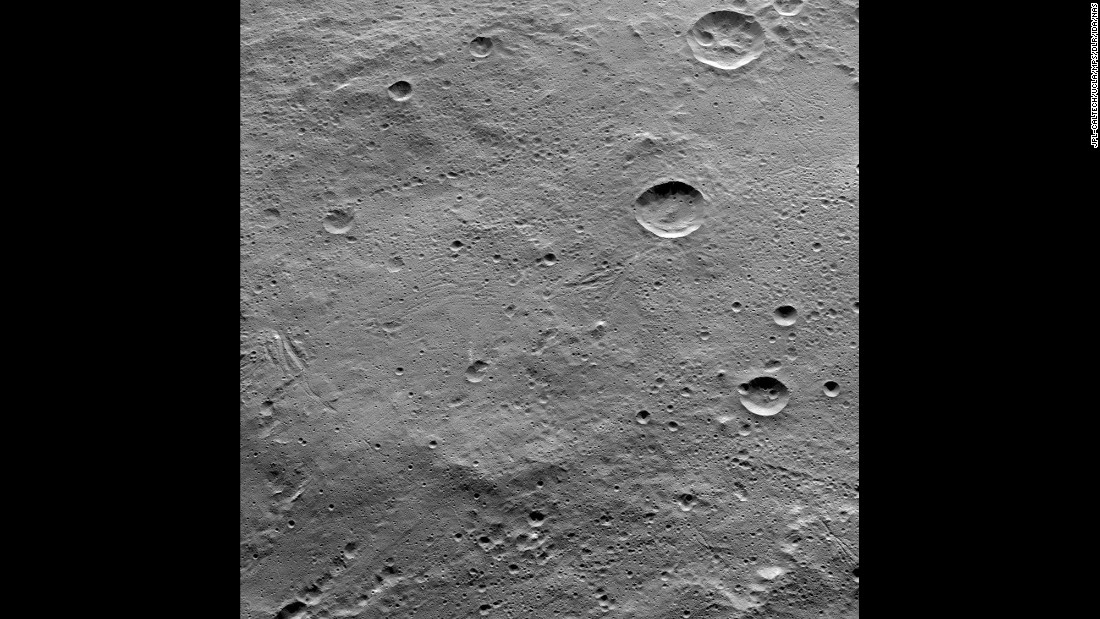 Ceres has several craters and linear troughs. In this image taken by NASA&#39;s Dawn spacecraft on October 14, 2015, the large crater Lono can be seen near the top right of the photo. The crater below it is called Besua.