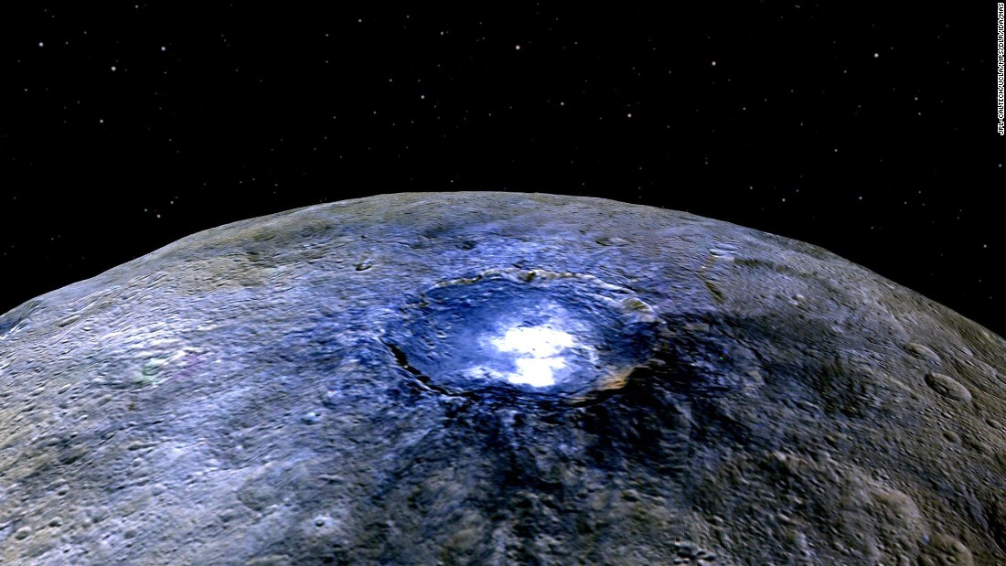 Ceres has &lt;a href=&quot;https://www.nasa.gov/feature/jpl/dawn/new-clues-to-ceres-bright-spots-and-origins&quot; target=&quot;_blank&quot;&gt;more than 130 bright spots&lt;/a&gt;, according to NASA. This false color image shows one of spots -- this one in a crater called Occator. Scientists say the substance appears to be a type of magnesium sulfate called hexahydrite. Scientists use false color to help study differences in surface materials, NASA says.