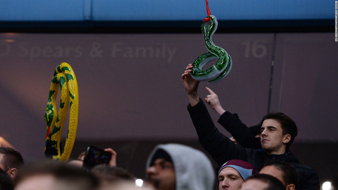 Villa fans hold up inflatable snakes during a match against Manchester City. The gesture is in reference to Fabian Delph, the former Villa captain who left to join City ahead of the 2015-16 season. The England international professed his loyalty to Villa and turned down a move to City before performing a dramatic U-turn and signing for the 2014 EPL champion days later.