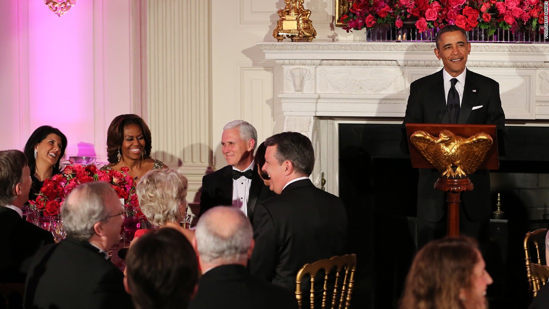 U.S. President Barack Obama speaks during the 2014 Governors&#39; Dinner on February 23, 2014, in Washington as Haley, Michelle Obama and Gov. Mike Pence, R-Indiana, react. 