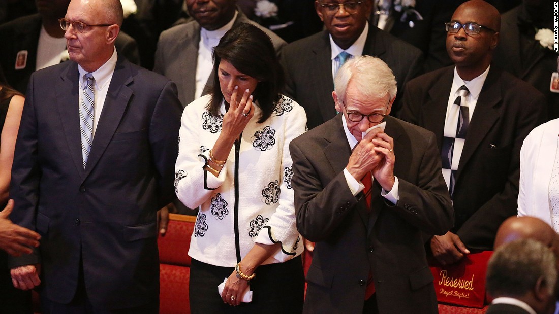 Haley and Charleston Mayor Joseph Riley, right, attend the funeral of Ethel Lance, 70, who was one of nine victims of the mass shooting.