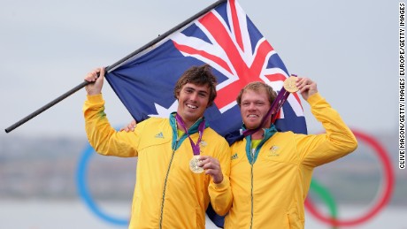 Oatley&#39;s funds helped Iain Jensen (left) and Nathan Outteridge to win 49er gold for Australia at London 2012.
