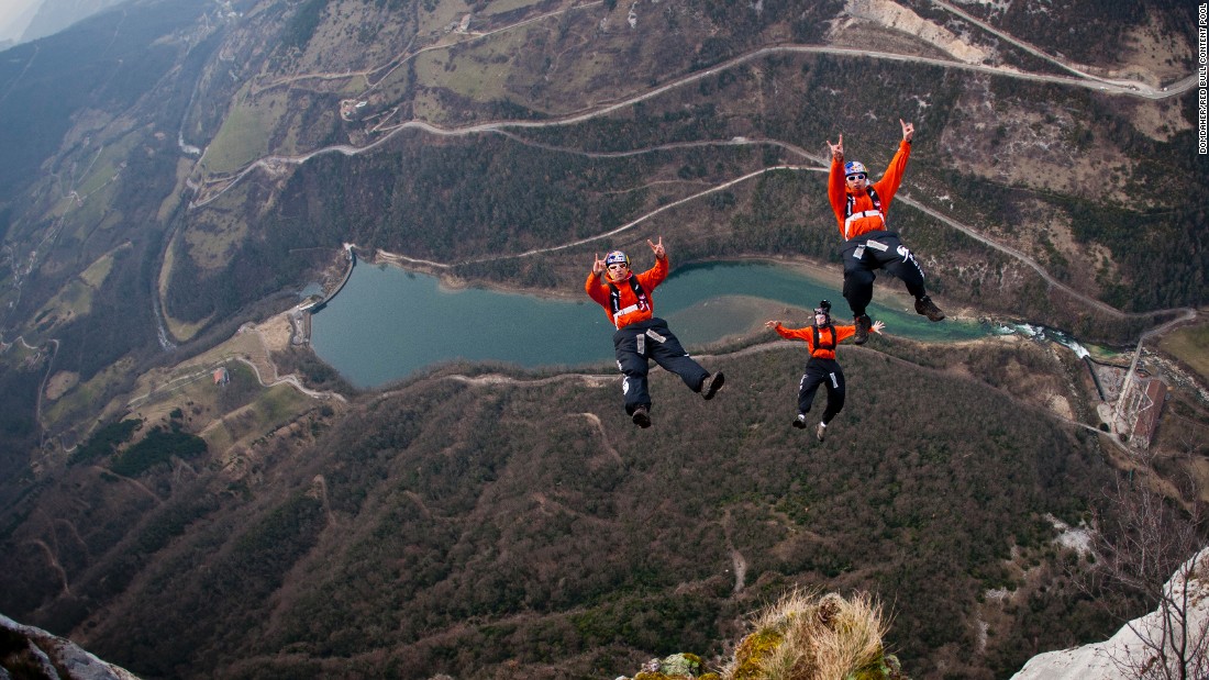 Fred Fugen, Vince Reffet and Jean-Phi Teffaud enjoy a March 2012 jump in Les Gorges de la Bourne, a canyon formed by the Bourne River in southeastern France.