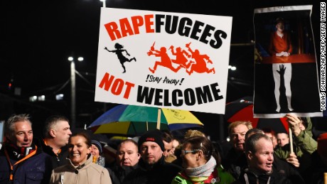 A sign read, &quot;Rapefugees not welcome.&quot;