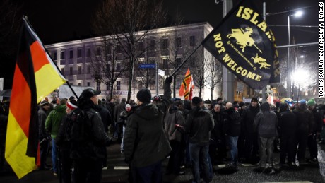 Protesters from the PEGIDA movement  attend a rally in Leipzig in January.