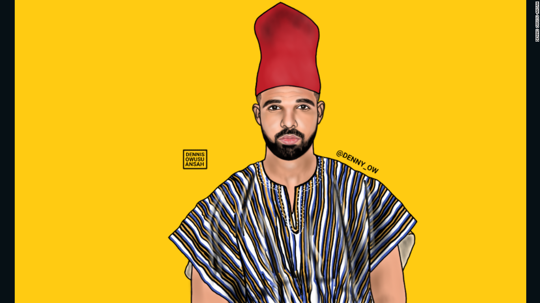 By illustrating artists in African clothing, Owusu-Ansah hopes that it will bring awareness to African culture. Here he captures Drake, or in this case, Aubrey Drake Abdul-Salam Graham.