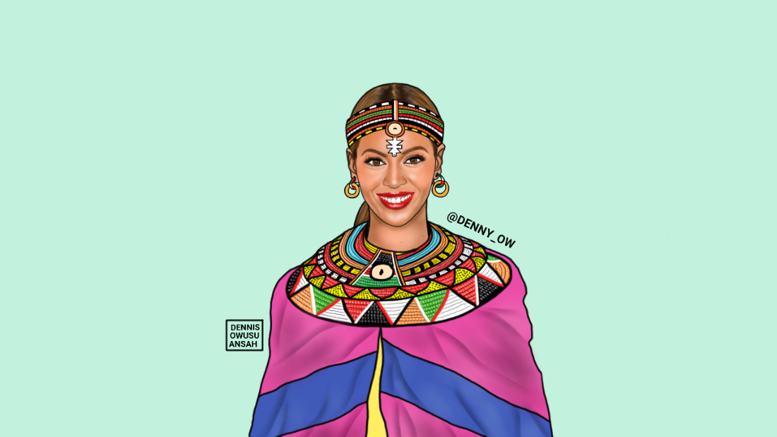 He has not only put artists in authentic African clothes but given them African names. Beyonce has been named Beyonce Lankenua Carter.