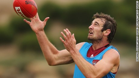 Jobe Watson of the Bombers marks the ball during an Essendon Bombers AFL pre-season training session at True Value Solar Centre on January 8, 2016 in Melbourne, Australia. He has since been banned until the end of the upcoming season. 