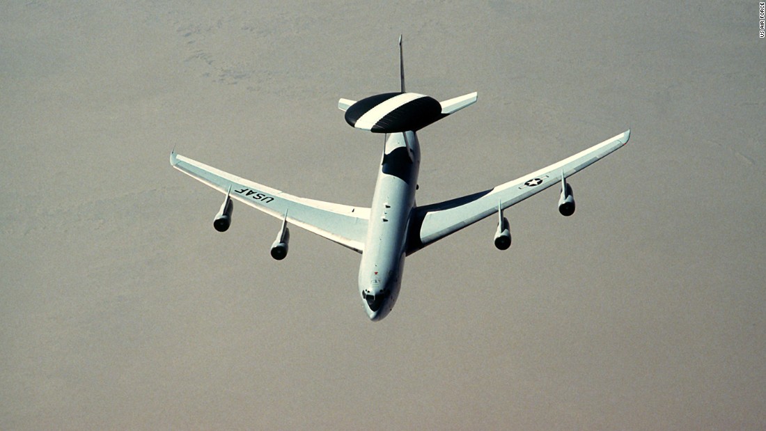 AWACS stands for airborne warning and control system. This four-engine jet, based on a Boeing 707 platform, monitors and manages battle space with its huge rotating radar dome. The planes have a flight crew of four supporting 13 to 19 specialists and controllers giving direction to units around the battle space. The Air Force has 32 E-3s in inventory.