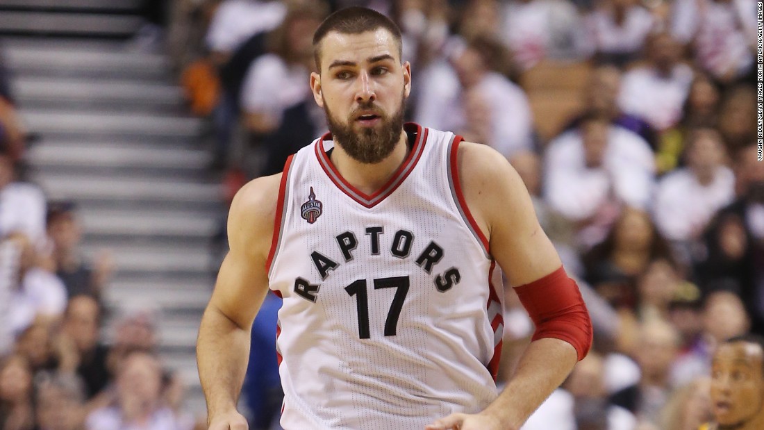 Lithuanian Jonas Valanciunas (#17) is one of seven non-Americans on the Raptors&#39; roster -- leading the NBA for international players. 