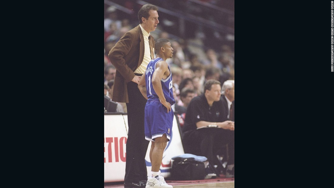 Bogues stands alongside Charlotte Hornets coach Dave Cowens during a win over the Washington Bullets -- his first NBA team. Bogues was the No. 12 overall pick in the first round of the 1987 draft. 