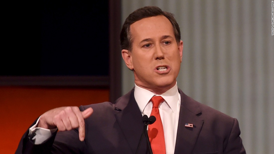 Santorum, a former U.S. senator from Pennsylvania, delivers remarks during the debate. &quot;The biggest reason that we&#39;re seeing the hollowing out of middle America is the breakdown of the American family,&quot; he said. &quot;We have been too politically correct in this country because we don&#39;t want to offend anybody to fight for the lives of our children.&quot;