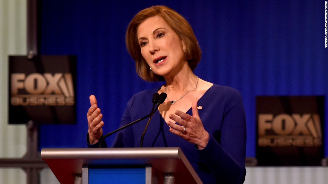 Fiorina makes a point during the undercard debate. &quot;The state of our economy is not strong,&quot; she said in her opening comments. &quot;We have record numbers of men out of work. We have record numbers of women living in poverty. We have young people who no longer believe that the American dream applies to them. ... It&#39;s time to take our country back.&quot;