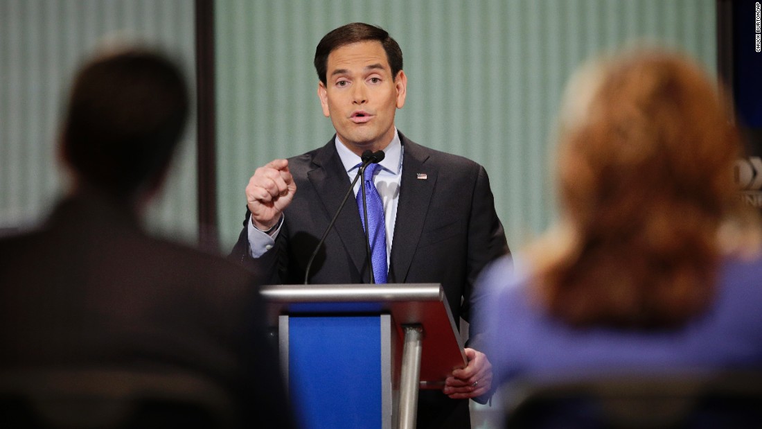 Rubio delivers an answer during the debate. He frequently attacked President Barack Obama. &quot;When I become president of the United States, on my first day in office, we are going to repeal every single one of his unconstitutional executive orders,&quot; the senator from Florida said. &quot;When I&#39;m president of the United States, we are getting rid of Obamacare and we are rebuilding our military.&quot;