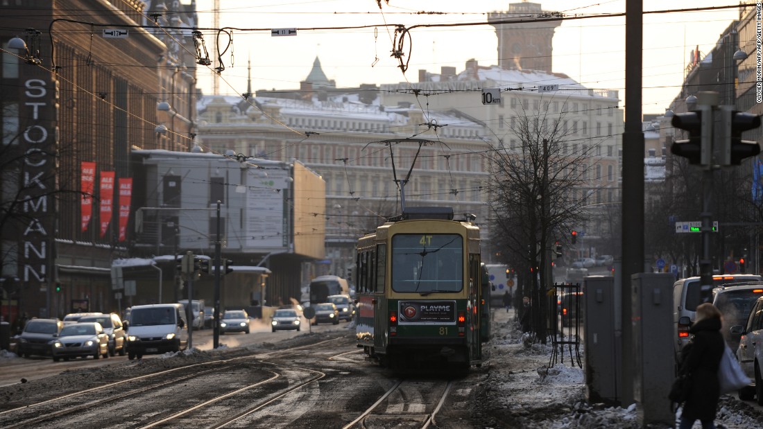A tram passes through central Helsinki, Finland. Many young people have struggled to keep up with the rental housing market in the Finish capital in recent years.