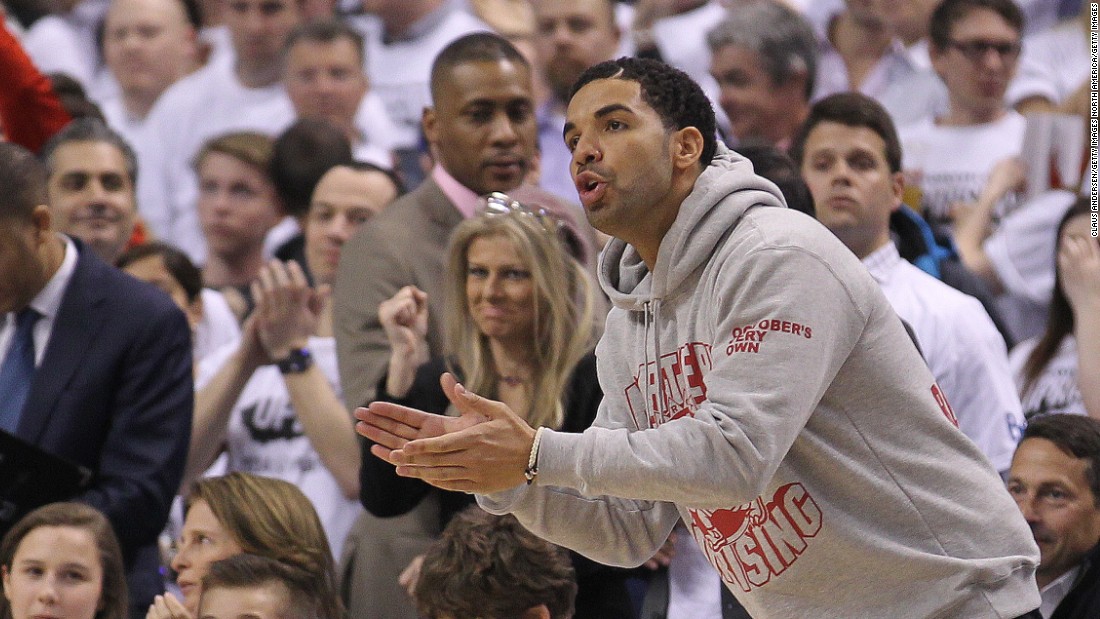 Rap star Drake -- a Toronto native and big Raptors fan -- hosts an annual Drake night at the Air Canada Centre. He is seen cheering on the team in a 2014 first-round playoff game against the Brooklyn Nets. 