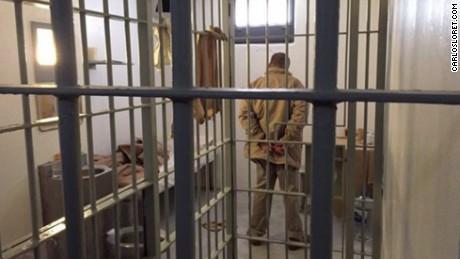 Guzman standing in his cell at the Altiplano prison in Mexico. He has since been transferred to another prison near the Mexico-U.S. border. 